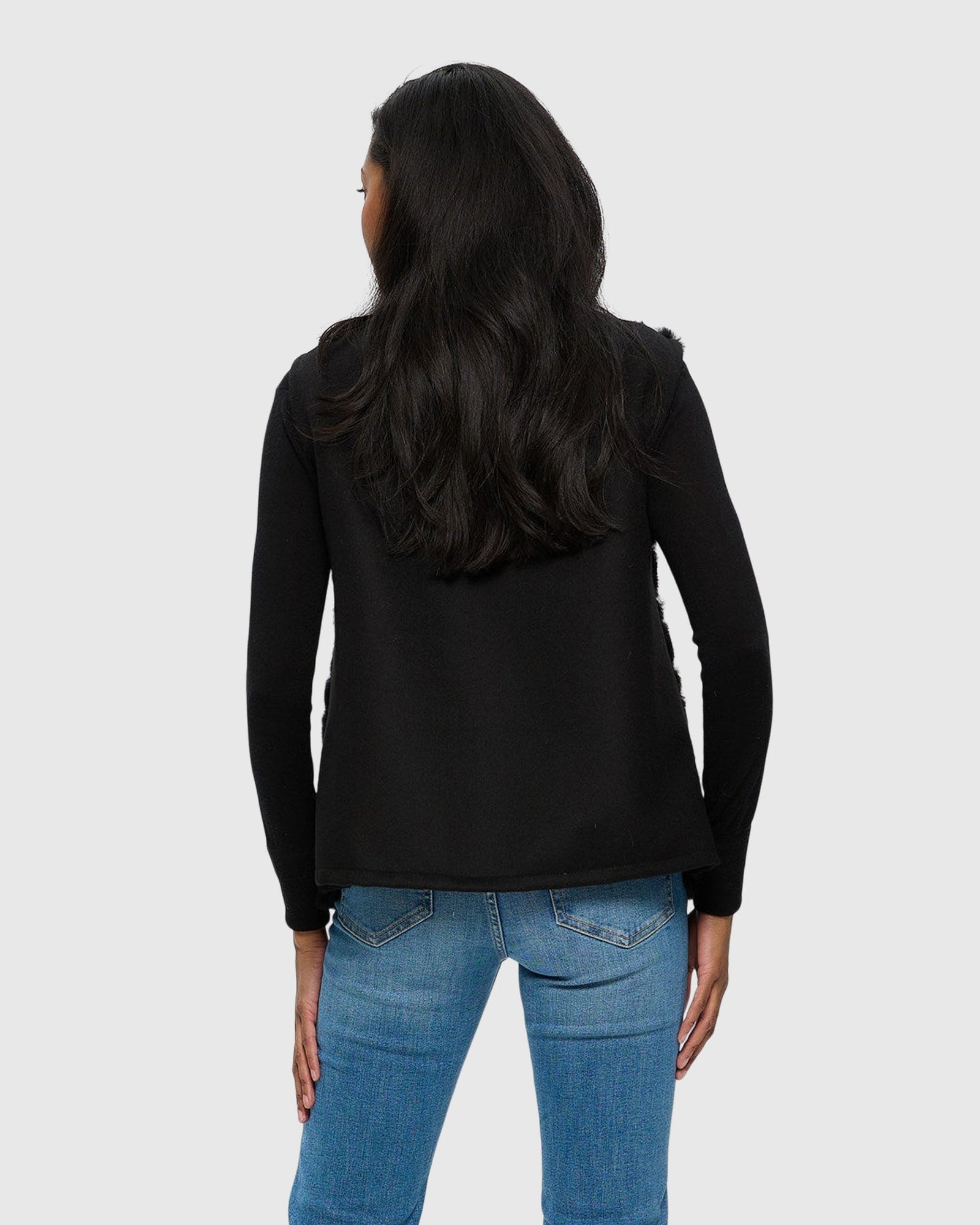 Sheared Cashmere Goat Collarless Vest With Leather Inserts And Cashmere Back | Black/Gold