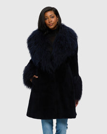 Sheared Cashmere Goat Stroller With Mongolian Goat Shawl Collar & Cuffs | Dark Blue