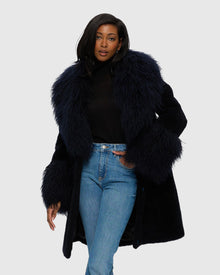 Sheared Cashmere Goat Stroller With Mongolian Goat Shawl Collar & Cuffs | Dark Blue