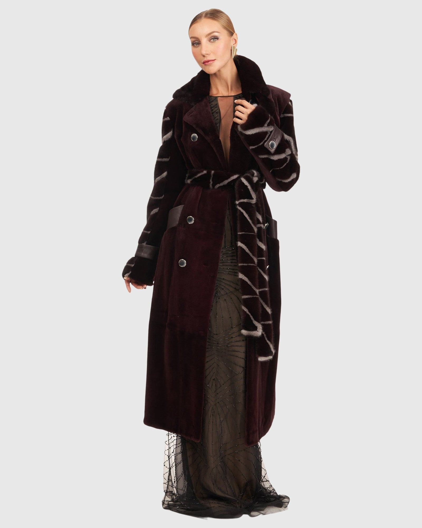 Sheared Mink Coat With Intarsia Sleeves And Belt | Burgundy/Blue Iris
