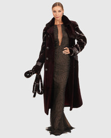 Sheared Mink Coat With Intarsia Sleeves And Belt | Burgundy/Blue Iris