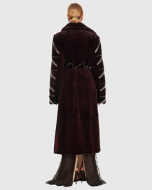Sheared Mink Coat With Intarsia Sleeves And Belt | Burgundy/Blue Iris