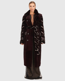 Sheared Mink Coat With Intarsia Sleeves And Belt | Burgundy/Blue Iris