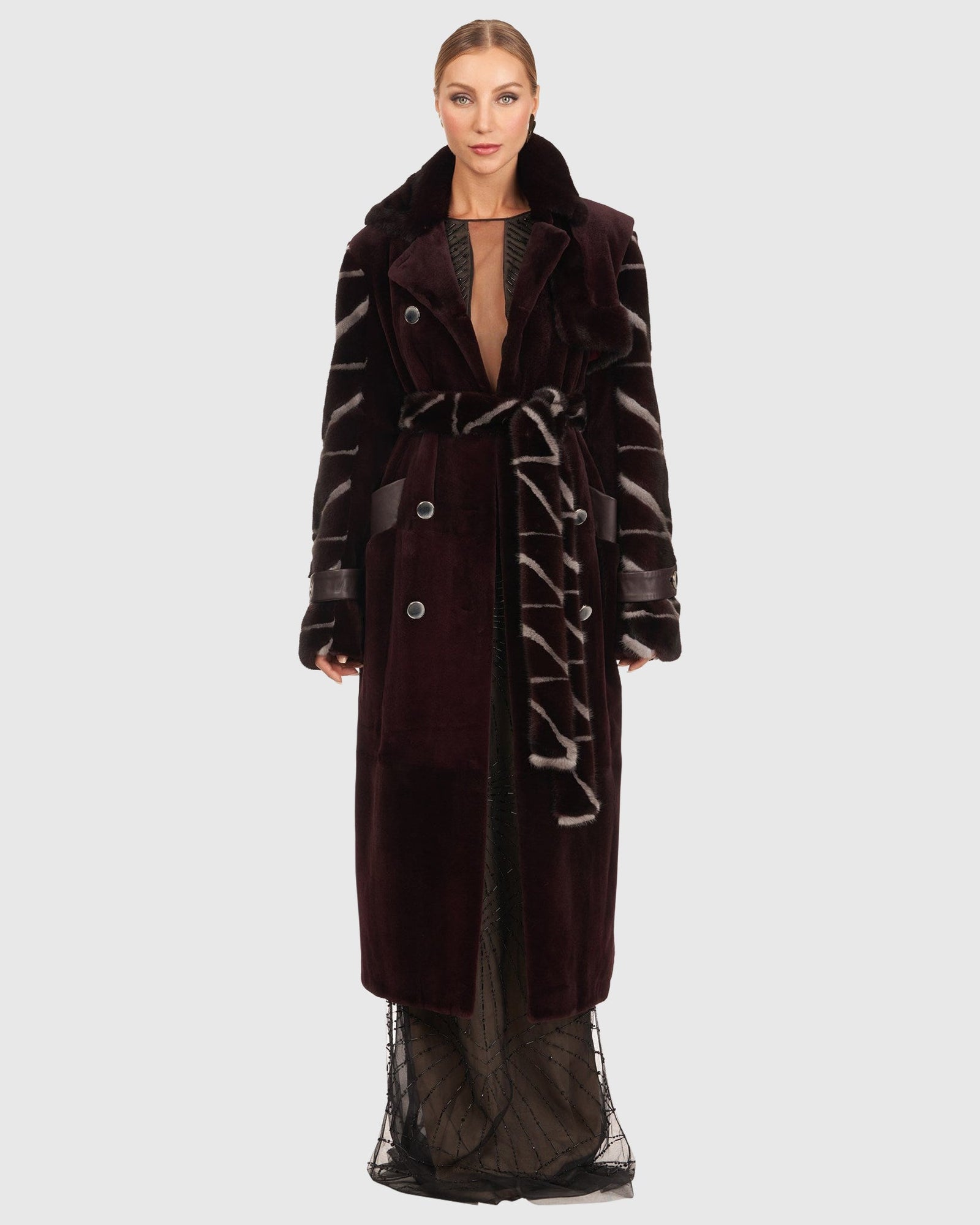 Sheared Mink Coat With Intarsia Sleeves And Belt | Burgundy/Blue Iris