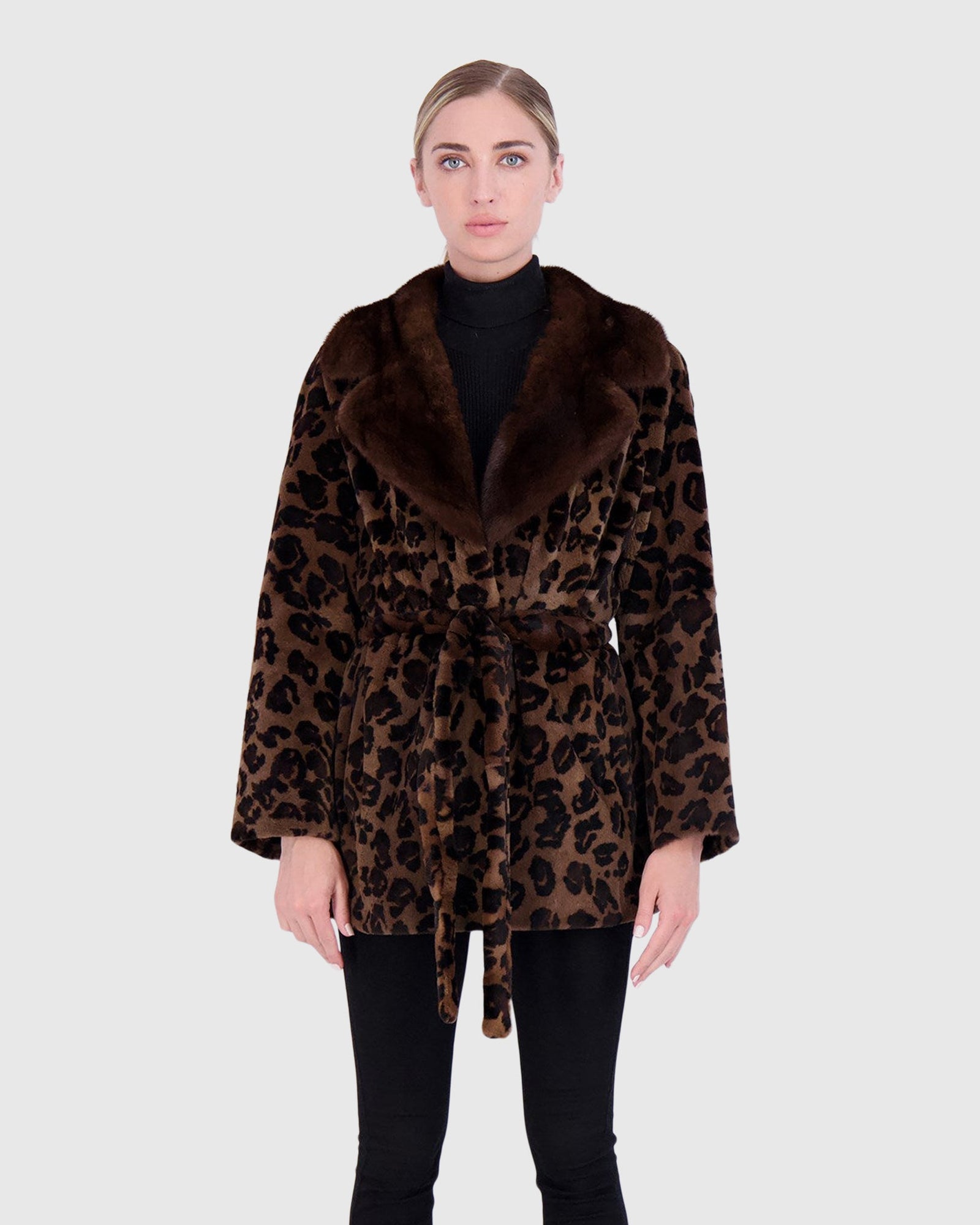 Sheared Mink Jacket With Belt | Brown Animal Print