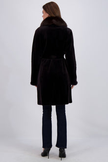 Sheared Mink Short Coat With Sable Collar, Belt | Women | Dark Gray