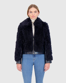 Shearling Lamb Bomber Jacket With Patent Leather Trim | Navy