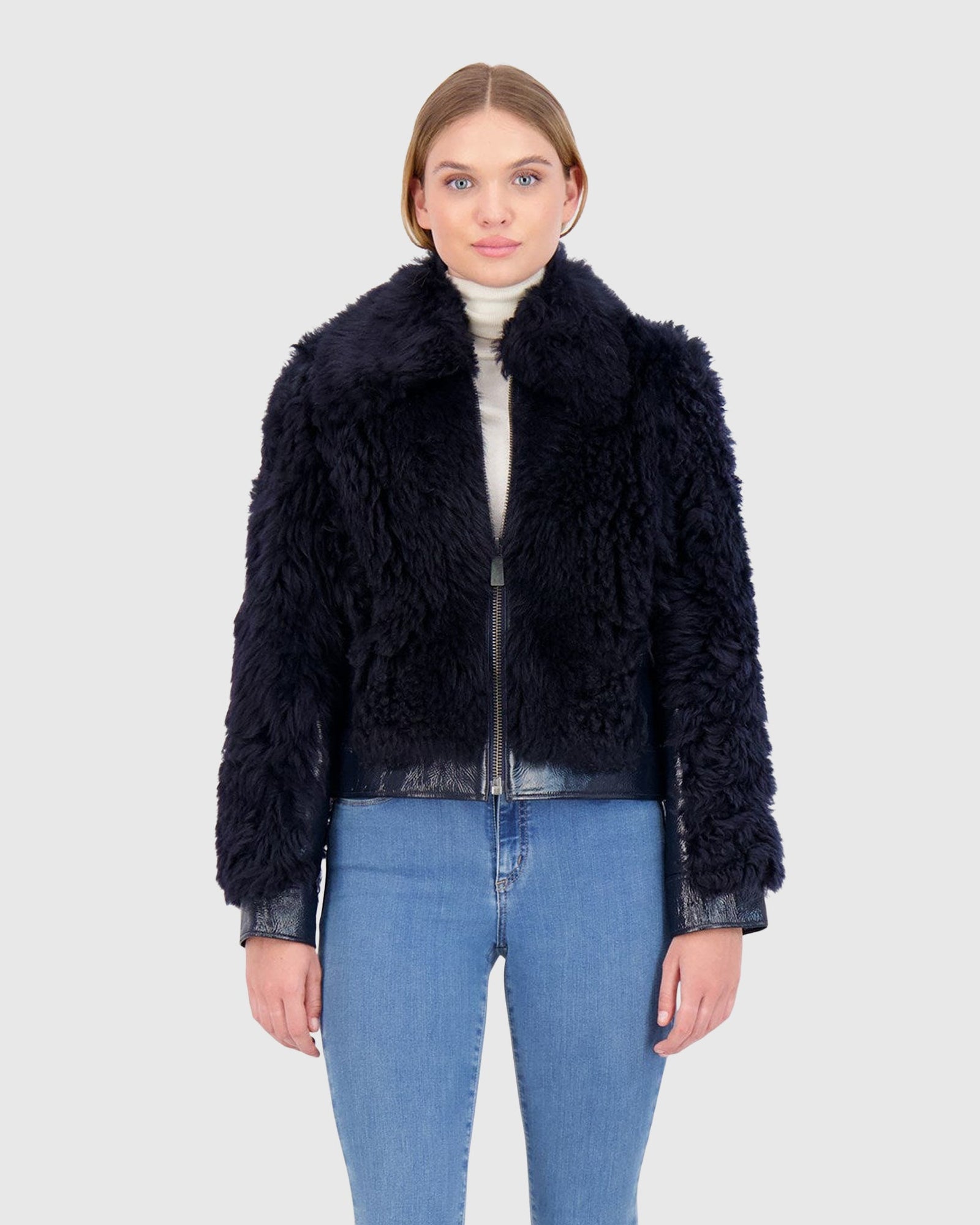 Shearling Lamb Bomber Jacket With Patent Leather Trim | Navy
