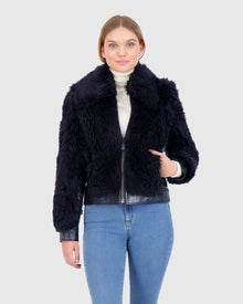 Shearling Lamb Bomber Jacket With Patent Leather Trim | Navy