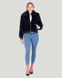 Shearling Lamb Bomber Jacket With Patent Leather Trim | Women | Navy