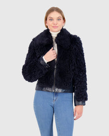 Shearling Lamb Bomber Jacket With Patent Leather Trim | Navy