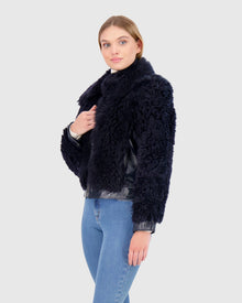 Shearling Lamb Bomber Jacket With Patent Leather Trim | Navy