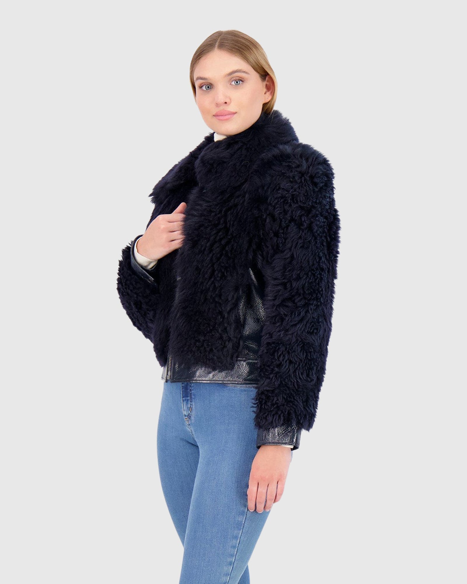 Shearling Lamb Bomber Jacket With Patent Leather Trim | Navy