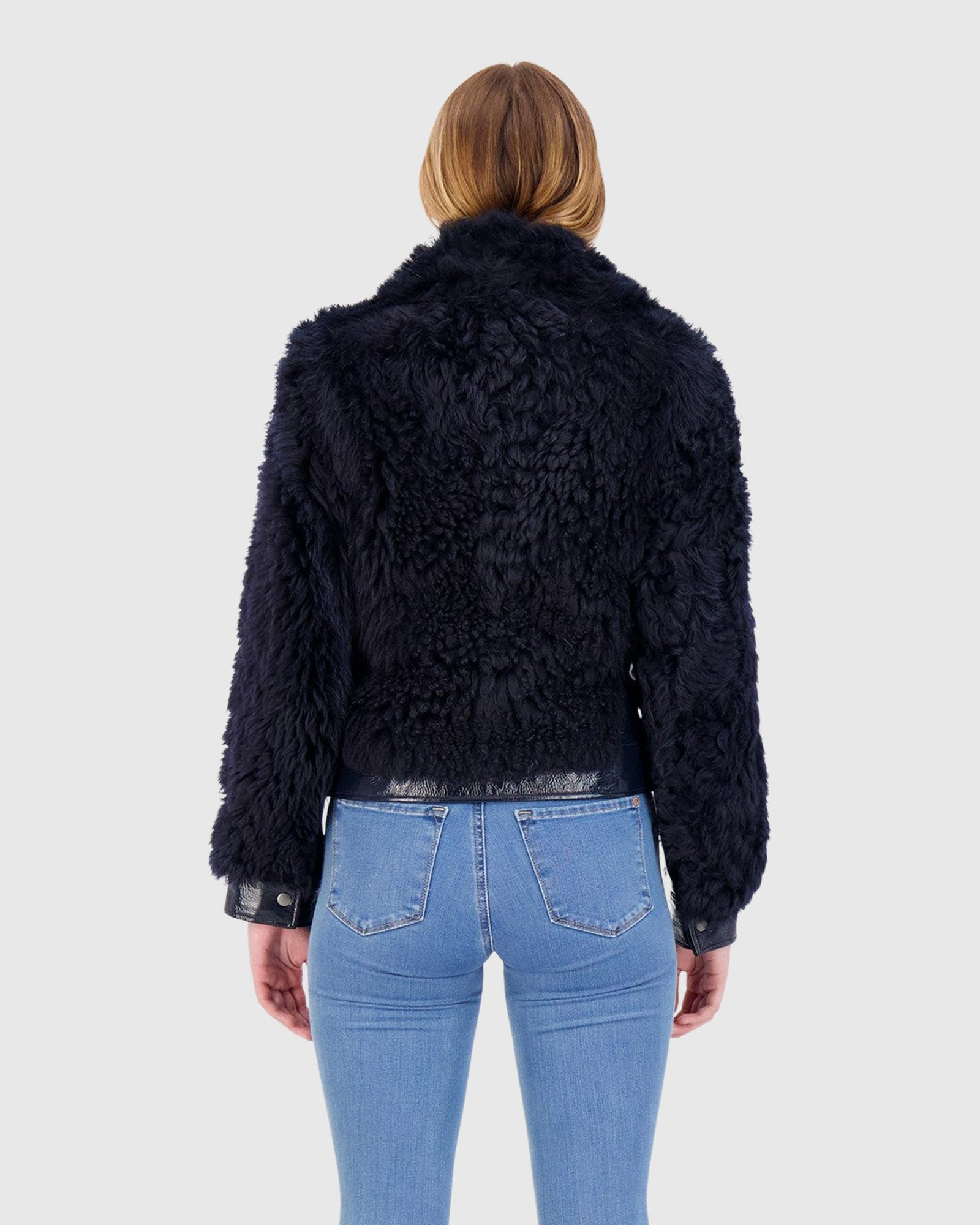 Shearling Lamb Bomber Jacket With Patent Leather Trim | Navy