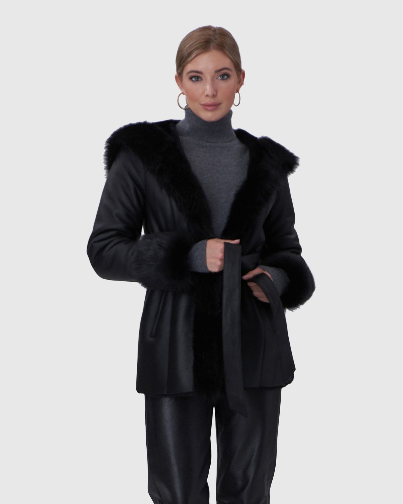 Shearling Lamb Hooded Jacket With Toscana Trim And Cuffs, Belt | Black