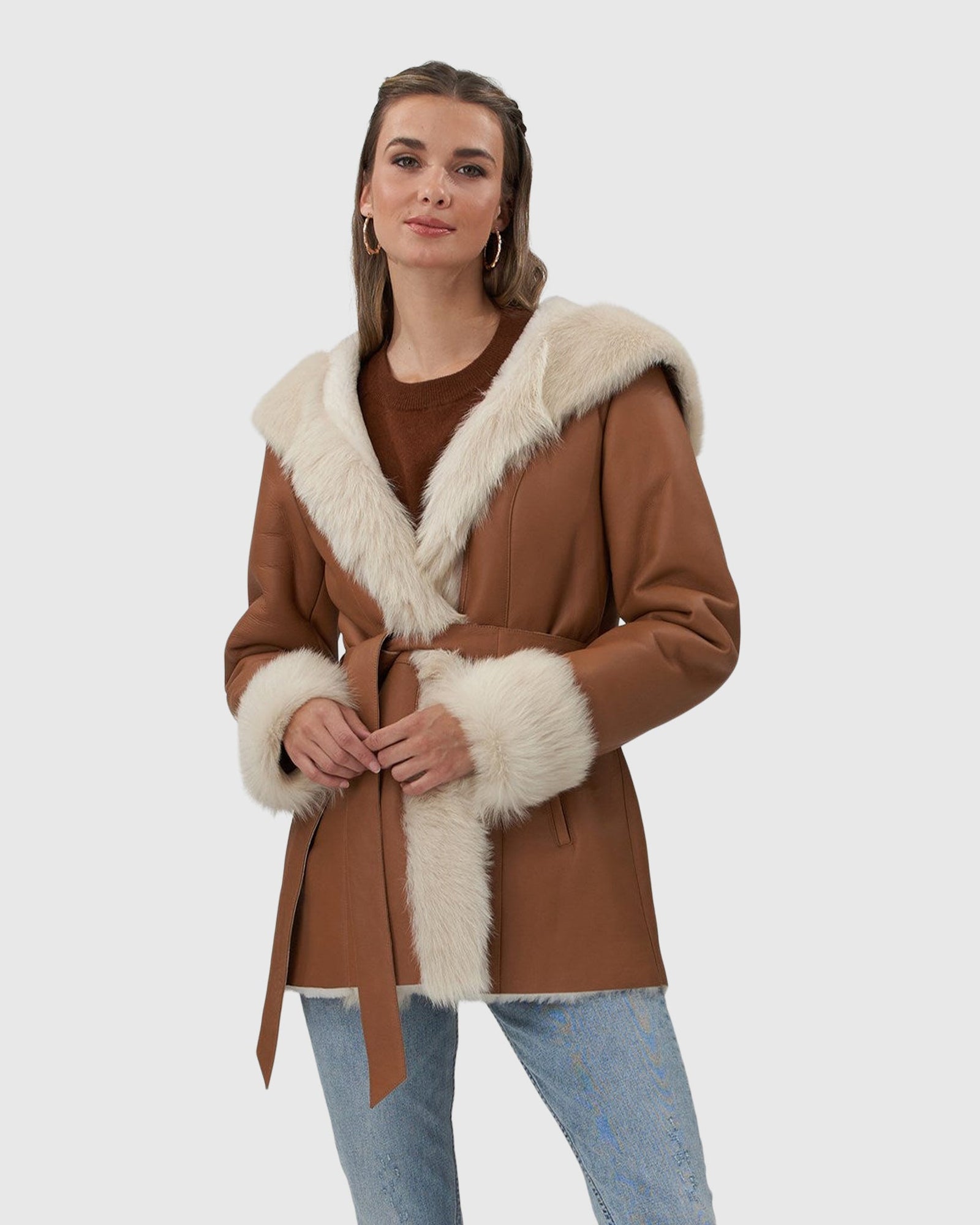 Shearling Lamb Hooded Jacket With Toscana Trim And Cuffs, Belt | Camel/White