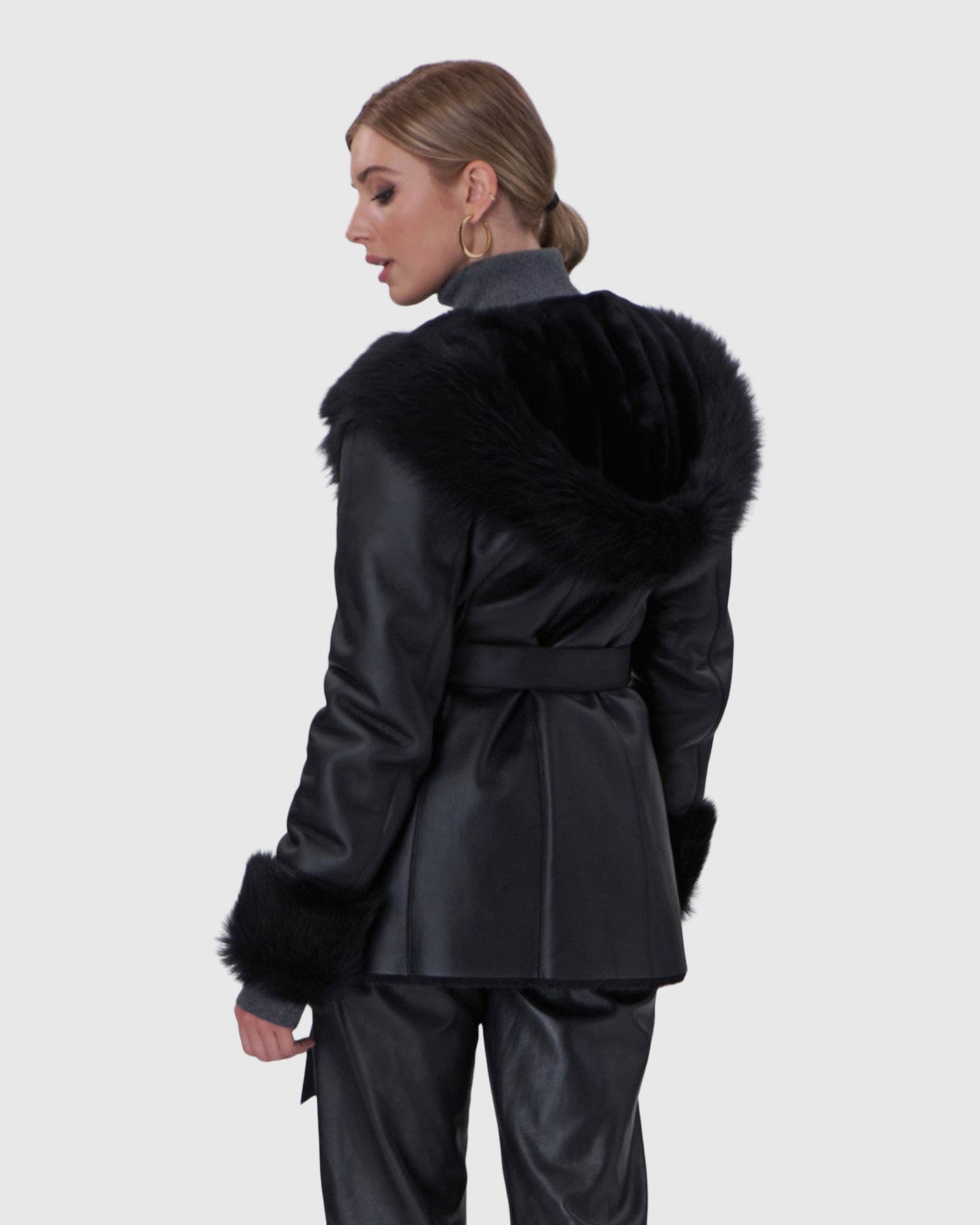 Shearling Lamb Hooded Jacket With Toscana Trim And Cuffs, Belt | Black