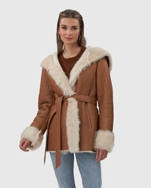 Shearling Lamb Hooded Jacket With Toscana Trim And Cuffs, Belt | Camel/White