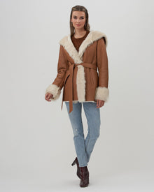 Shearling Lamb Hooded Jacket With Toscana Trim And Cuffs, Belt | Women | Camel x White