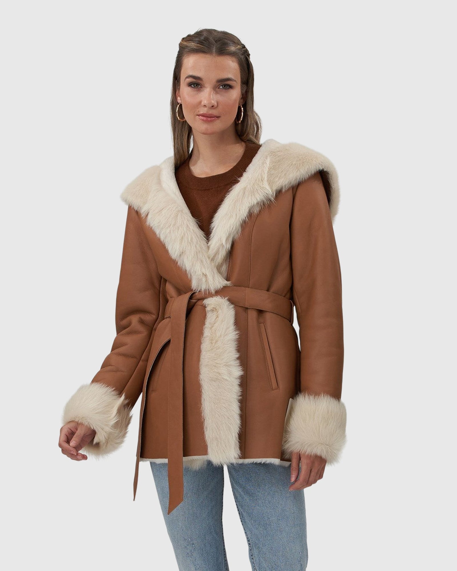 Shearling Lamb Hooded Jacket With Toscana Trim And Cuffs, Belt | Camel/White