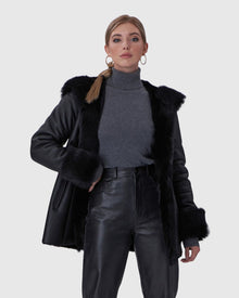 Shearling Lamb Hooded Jacket With Toscana Trim And Cuffs, Belt | Black