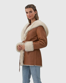 Shearling Lamb Hooded Jacket With Toscana Trim And Cuffs, Belt | Camel/White