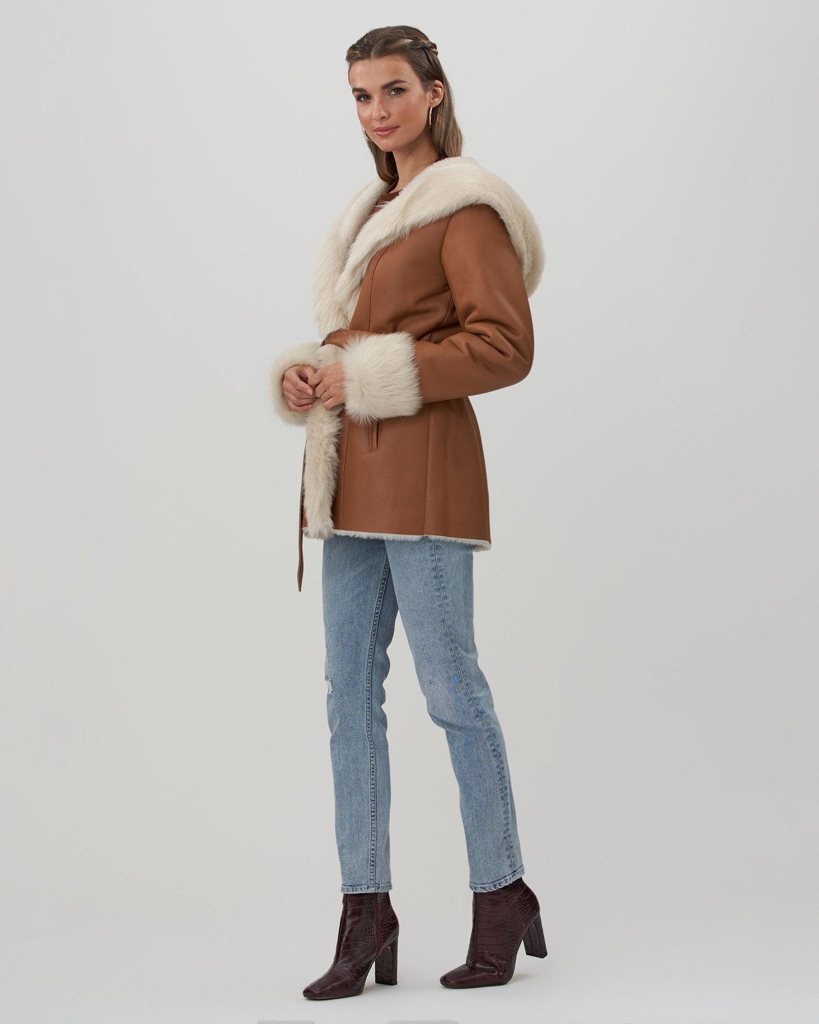 Shearling Lamb Hooded Jacket With Toscana Trim And Cuffs, Belt | Women | Camel x White