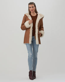 Shearling Lamb Hooded Jacket With Toscana Trim And Cuffs, Belt | Women | Camel x White