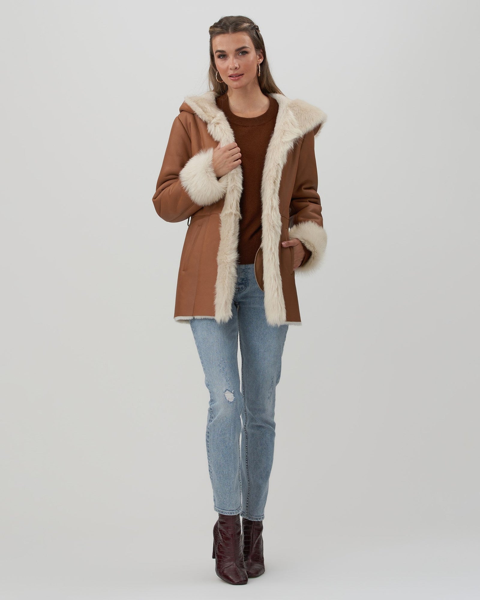 Shearling Lamb Hooded Jacket With Toscana Trim And Cuffs, Belt | Women | Camel x White