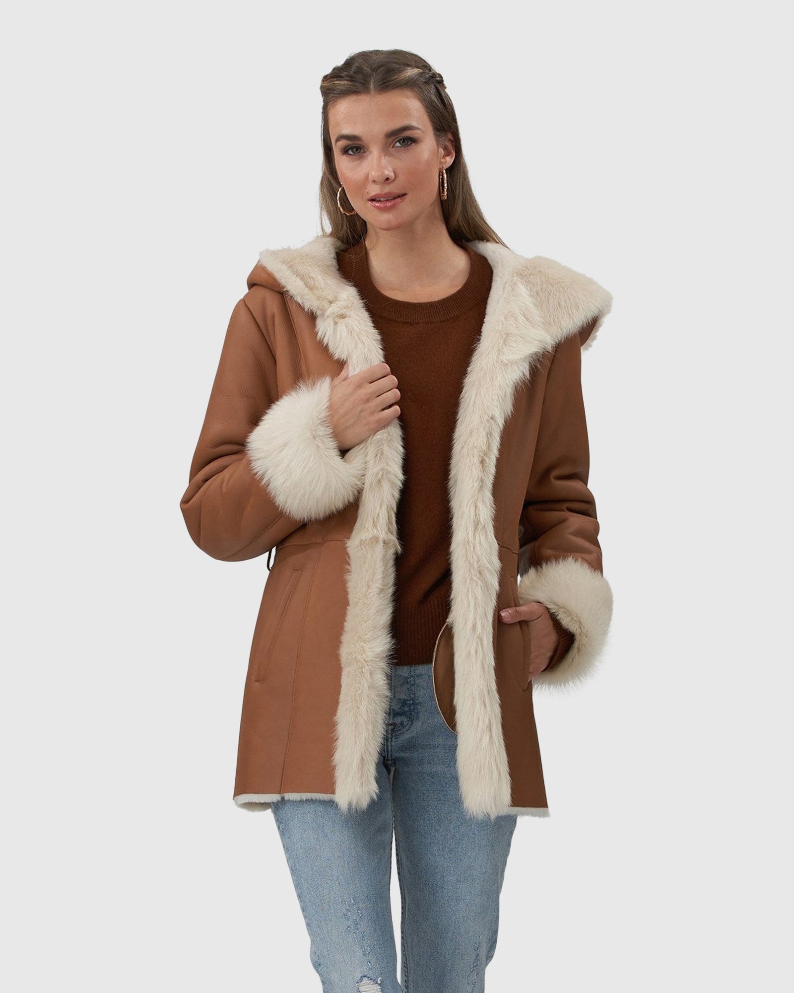 Shearling Lamb Hooded Jacket With Toscana Trim And Cuffs, Belt | Camel/White