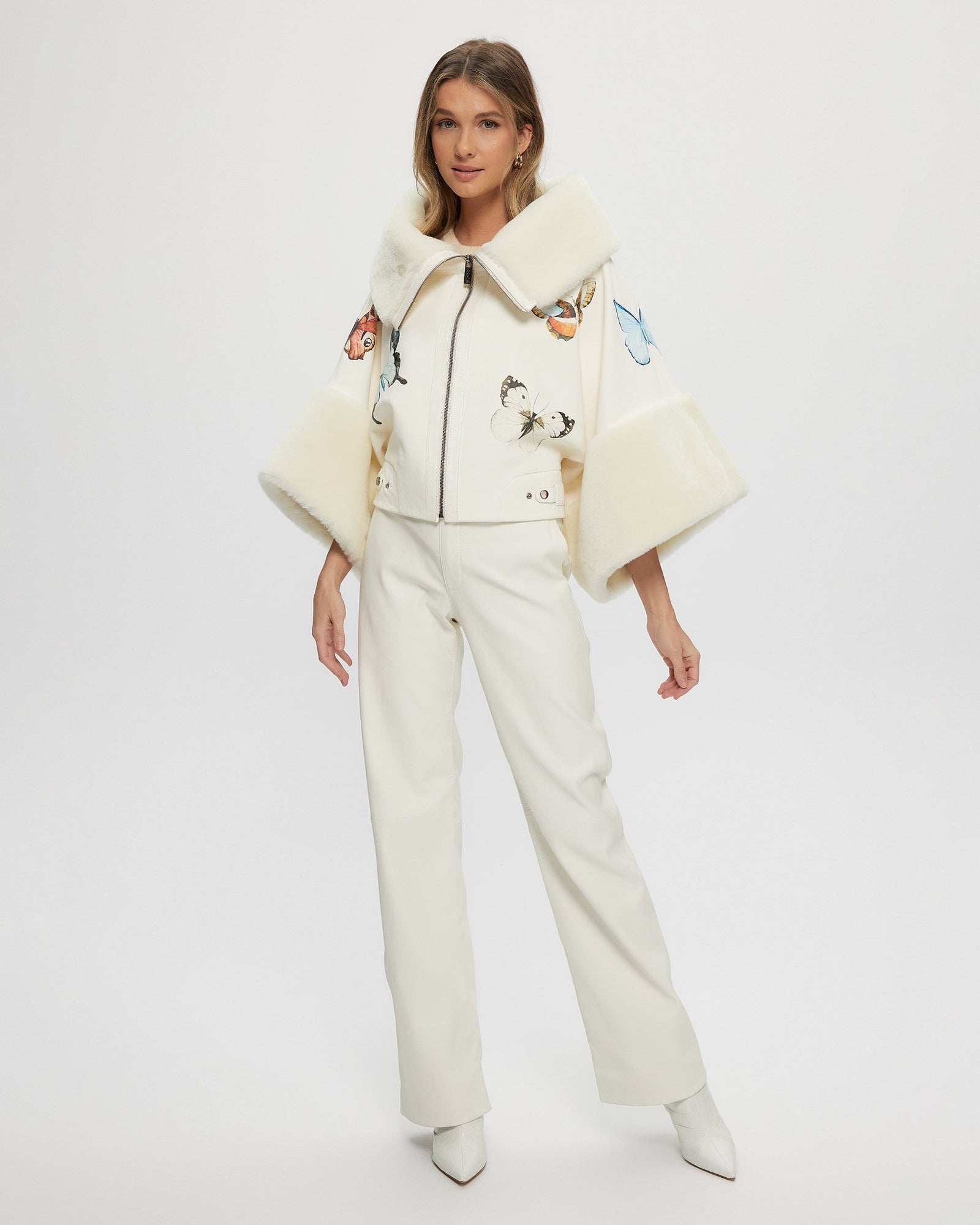 Shearling Lamb Jacket With Butterly Detail | Women | White x Butterfly