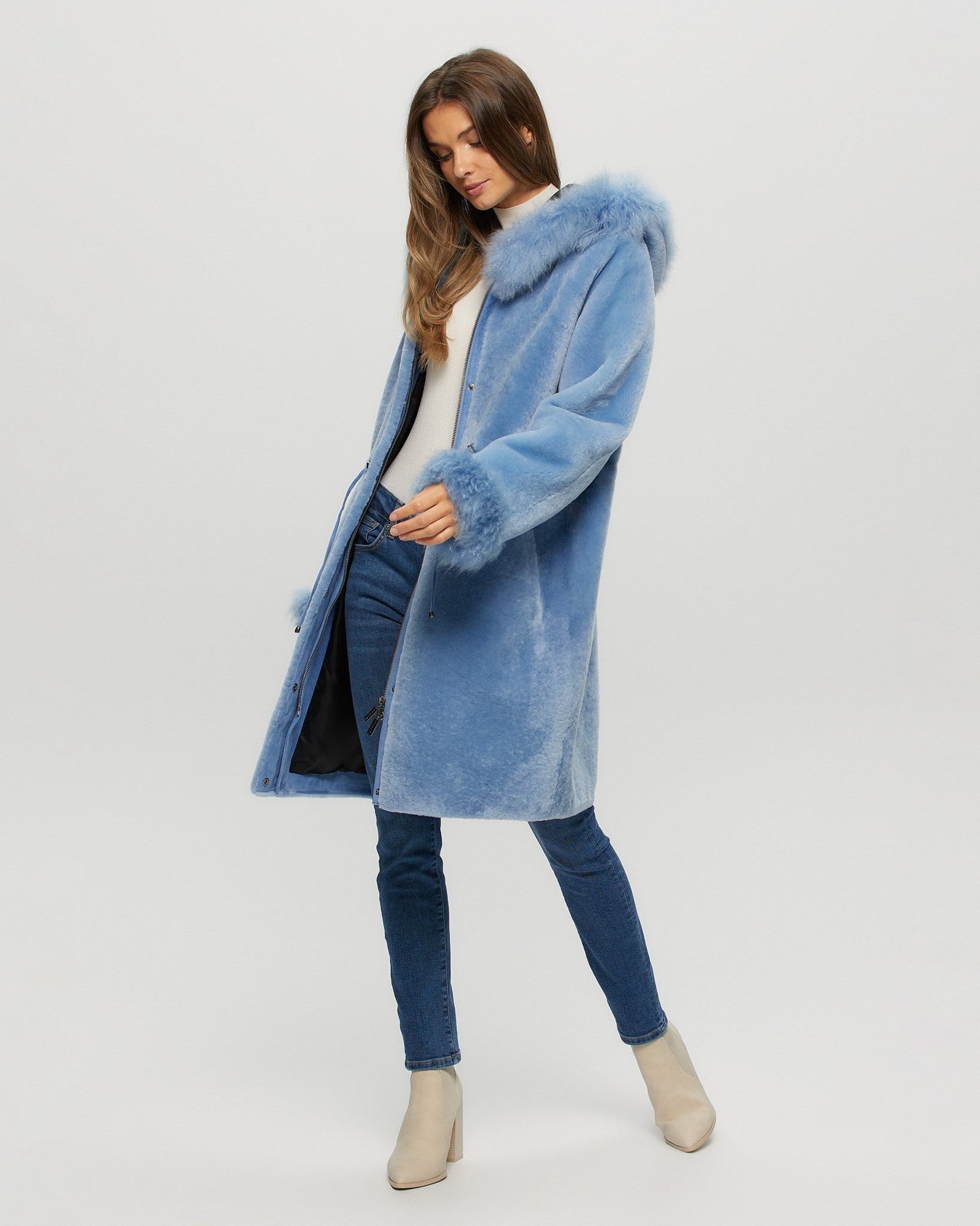 Shearling Lamb Parka With Select Cashmere Goat Trim And Cuffs | Sky Blue