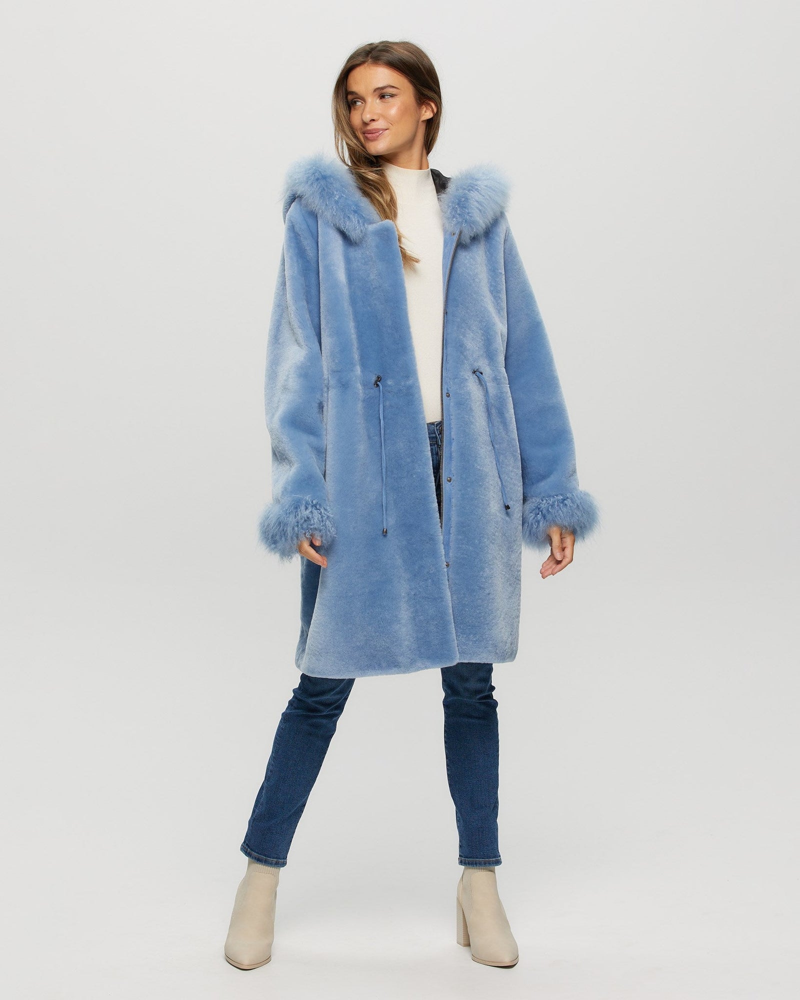 Shearling Lamb Parka With Select Cashmere Goat Trim And Cuffs | Women | Sky Blue