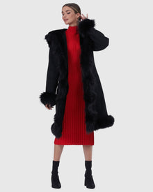 Shearling Lamb Short Coat With Fox Tuxedo Collar, Hood Trim, Cuffs And Bottom | Black