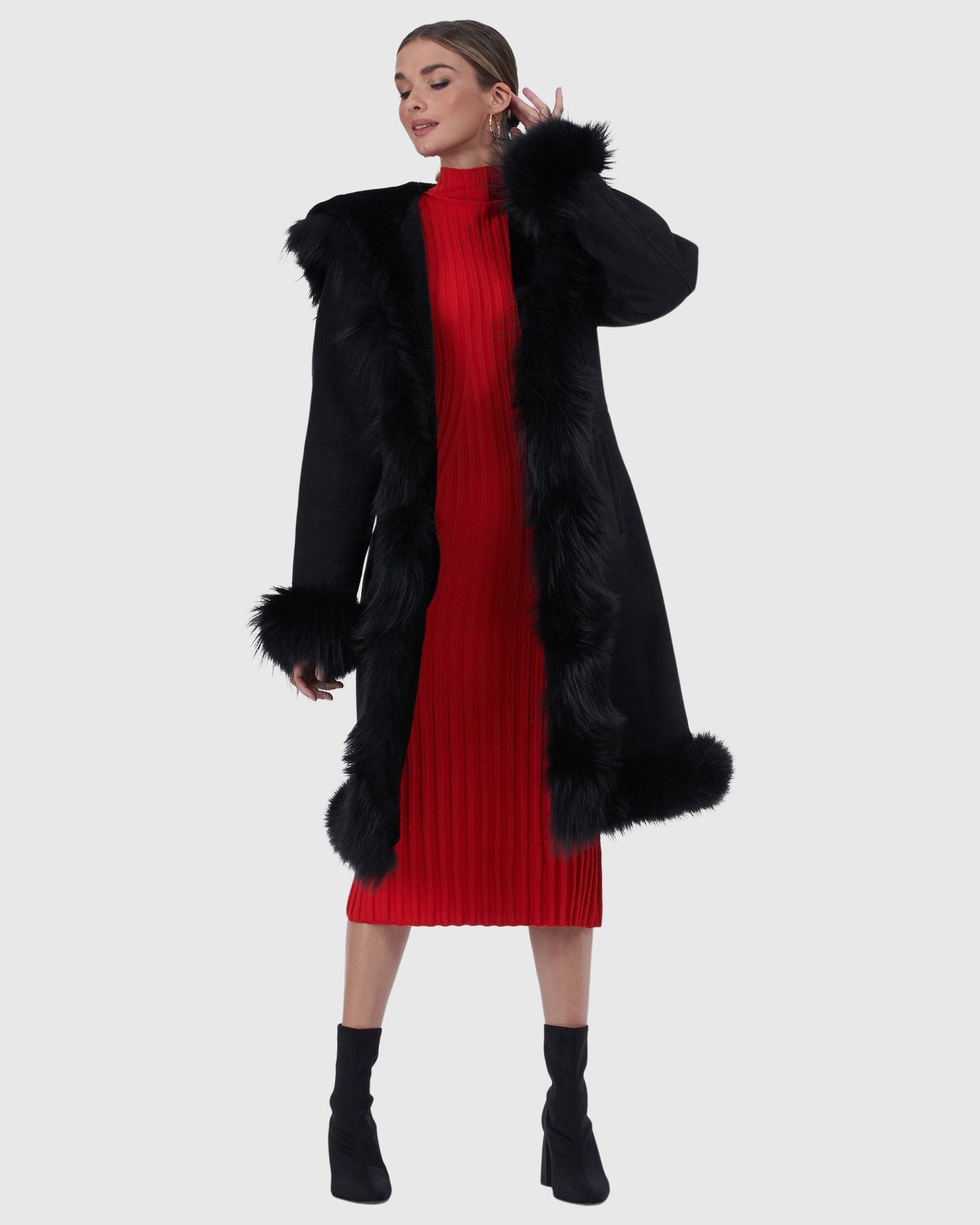 Shearling Lamb Short Coat With Fox Tuxedo Collar, Hood Trim, Cuffs And Bottom | Black