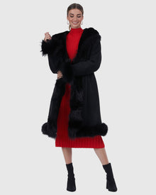Shearling Lamb Short Coat With Fox Tuxedo Collar, Hood Trim, Cuffs And Bottom | Black