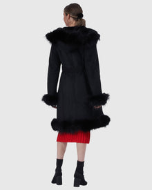 Shearling Lamb Short Coat With Fox Tuxedo Collar, Hood Trim, Cuffs And Bottom | Black