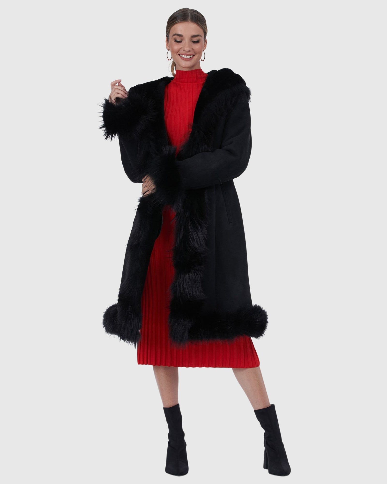 Shearling Lamb Short Coat With Toscana Lamb Tuxedo Collar, Hood Trim, Cuffs & Bottom | Black
