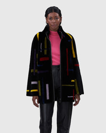 Shearling Lamb Zip Jacket With Abstract Intarsia | Black/Multi Intarsia