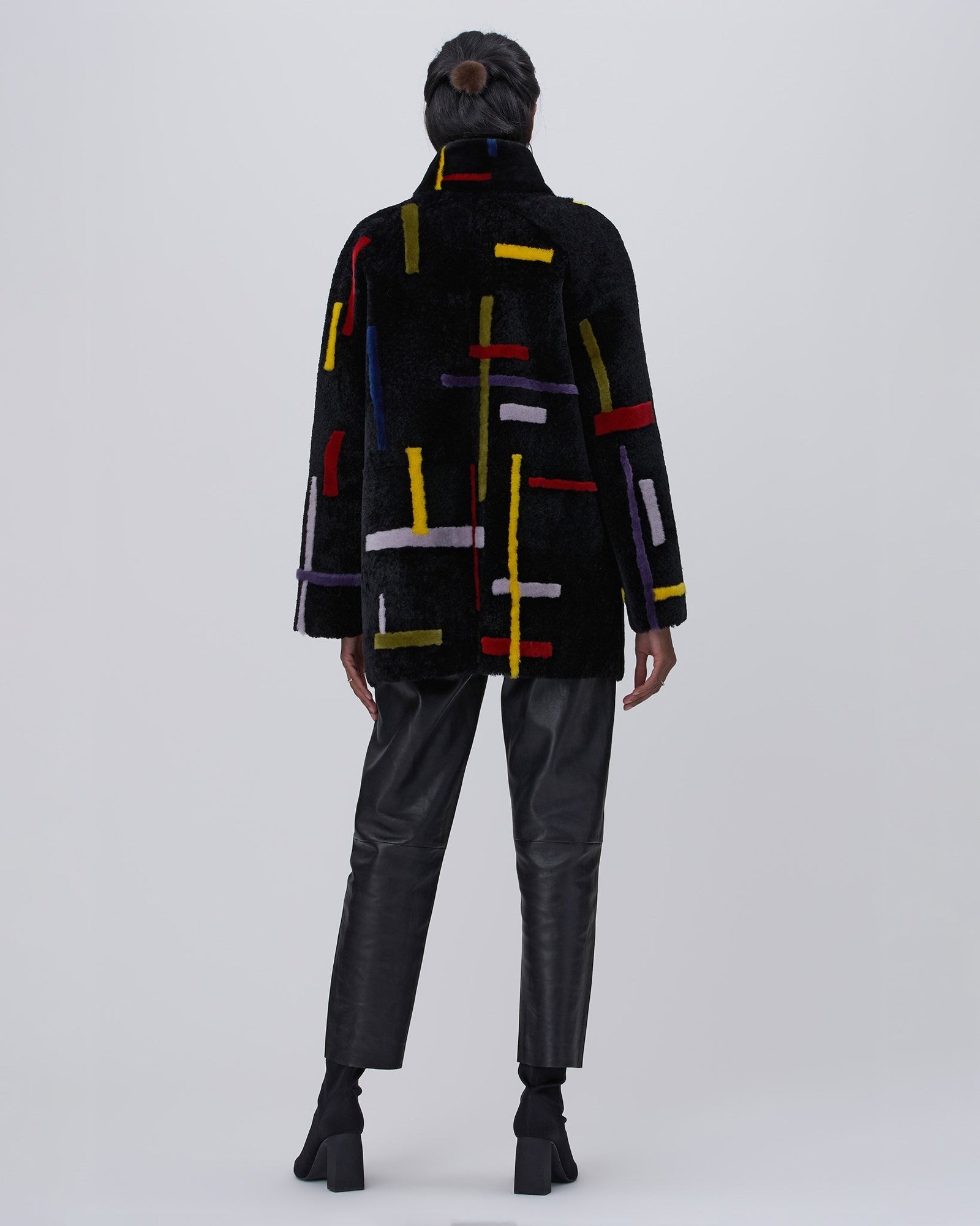 Shearling Lamb Zip Jacket With Abstract | Women | Black x Multi Intarsia