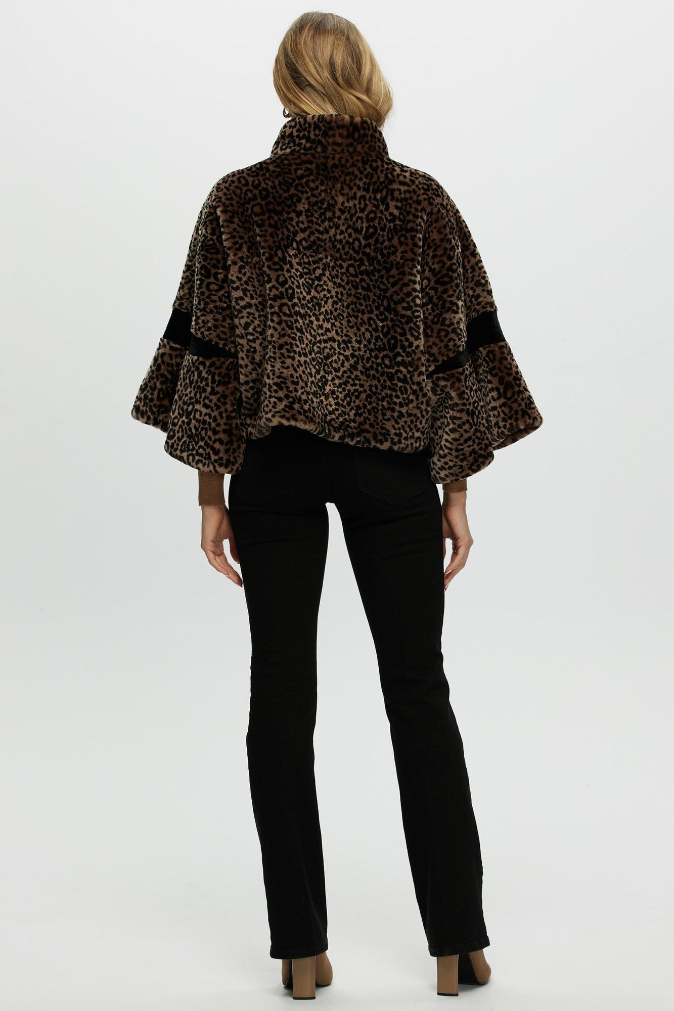 Shearling Lamb Zip Jacket With Cropped Sleeves | Women | Leopard Print