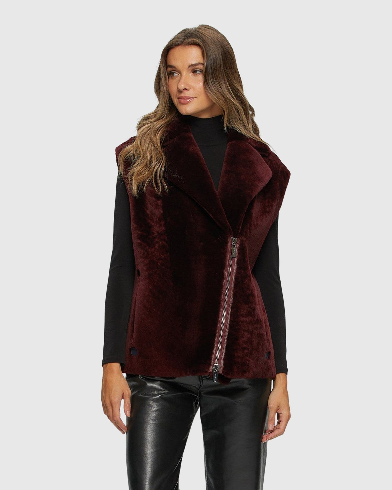 Shearling Lamb Zip Vest | Burgundy