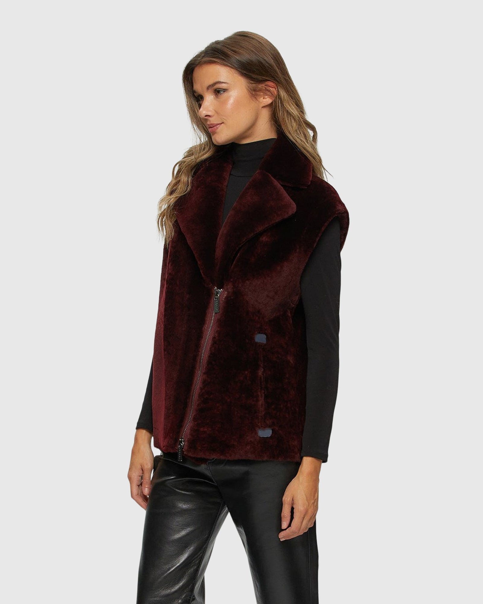 Shearling Lamb Zip Vest | Burgundy