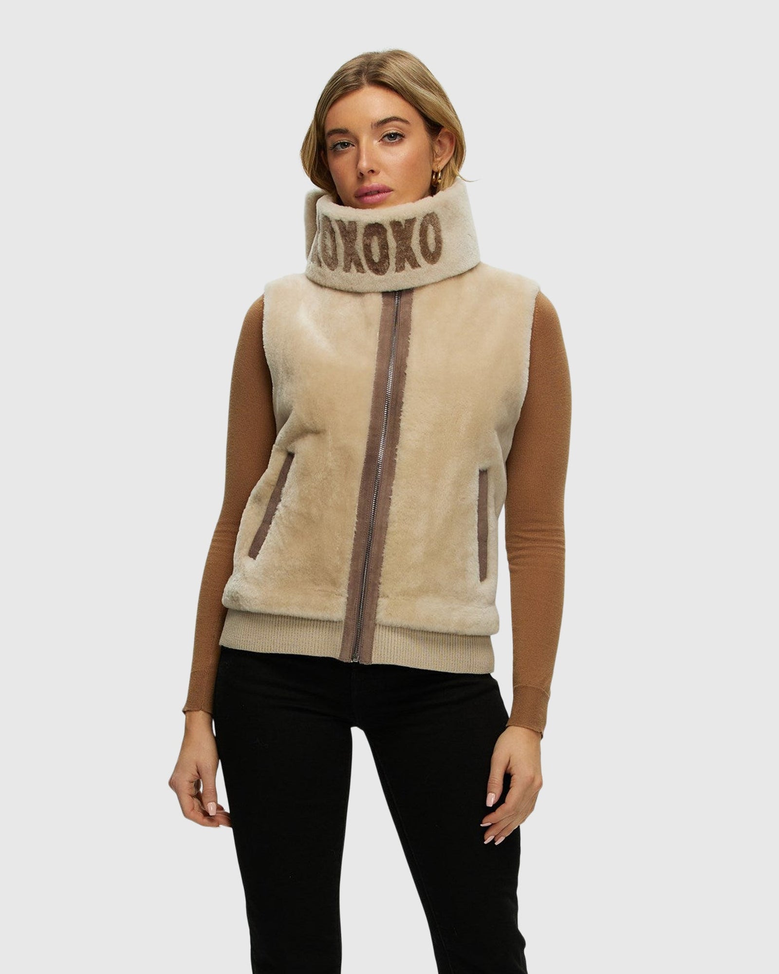 Shearling Lamb Zip Vest With Detachable Collar | Beige