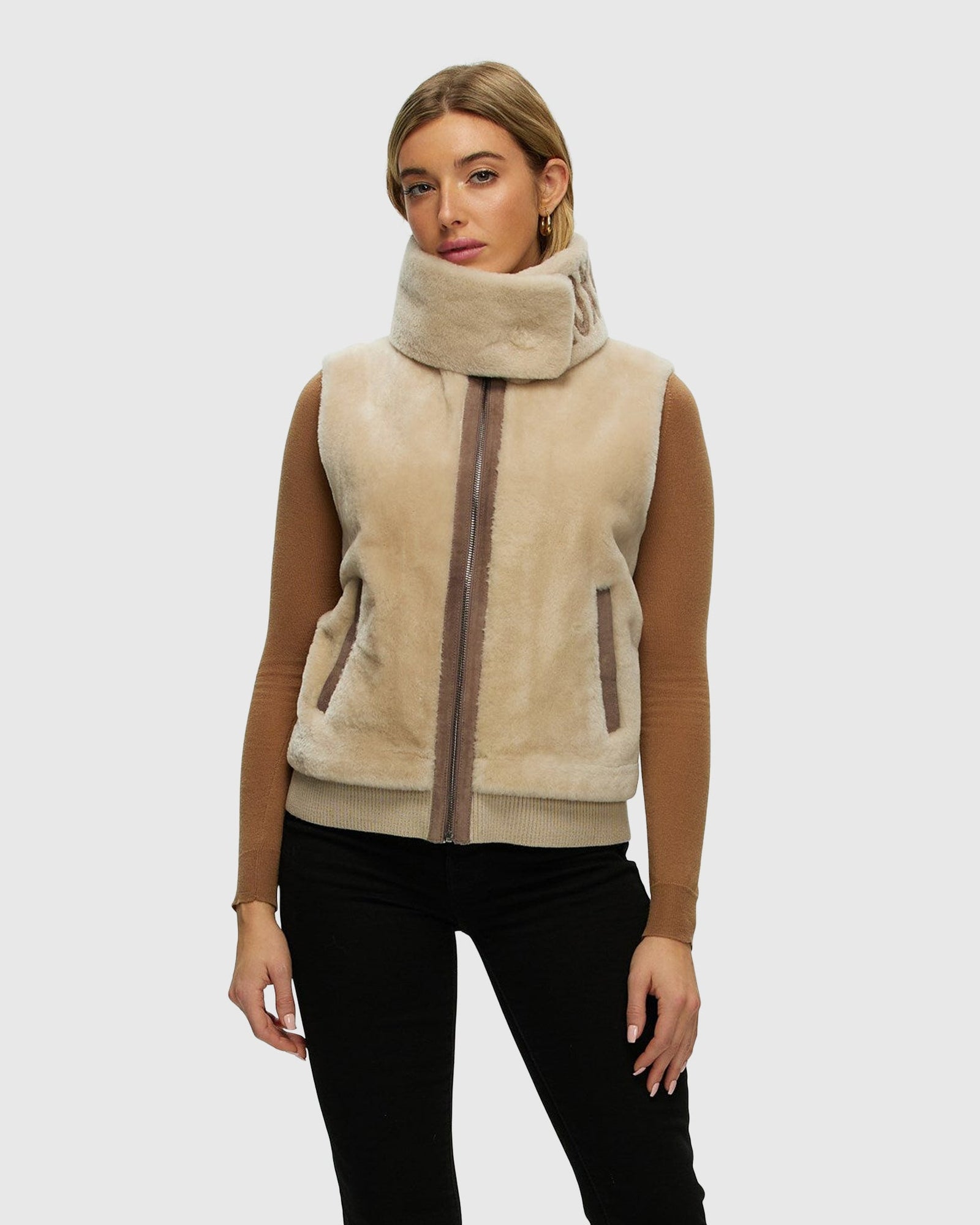 Shearling Lamb Zip Vest With Detachable Collar | Beige