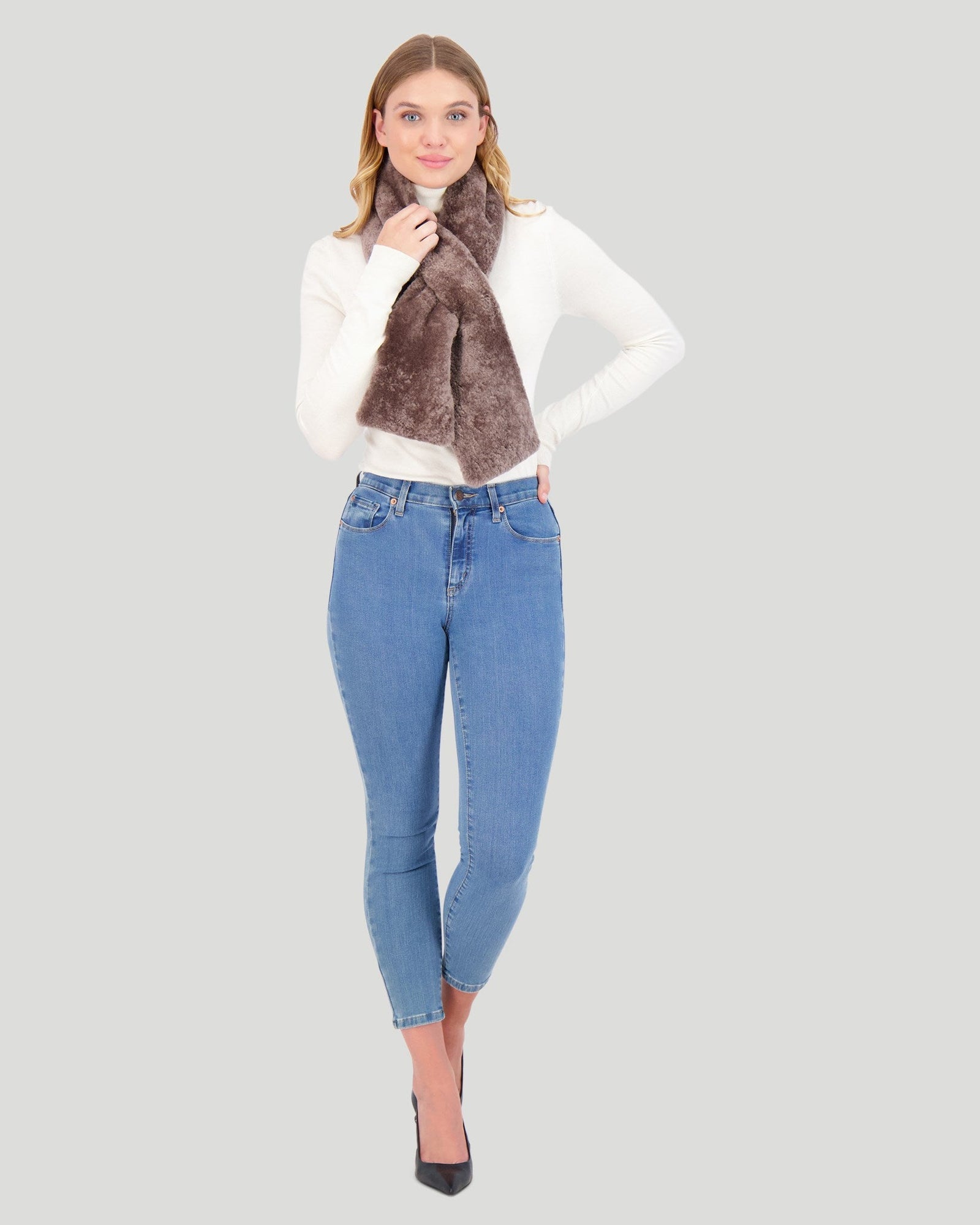 Silky Select Shearling Lamb Pull-Through Scarf | Women | Taupe