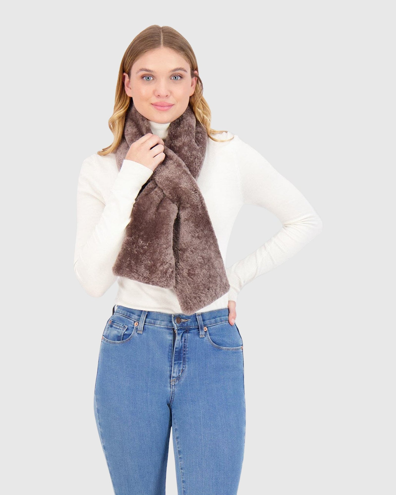 Silky Select Shearling Lamb Pull-Through Scarf | Taupe