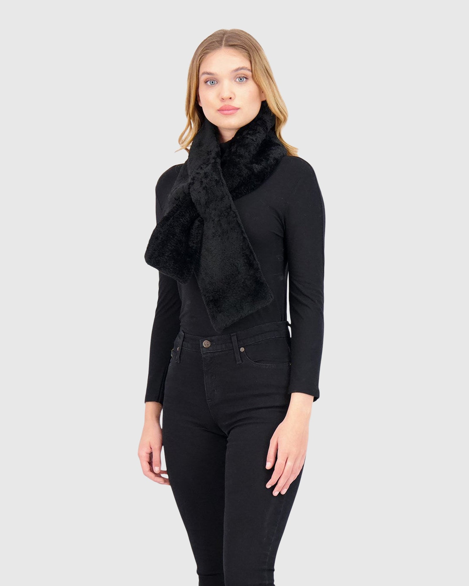 Silky Select Shearling Lamb Pull-Through Scarf | Black