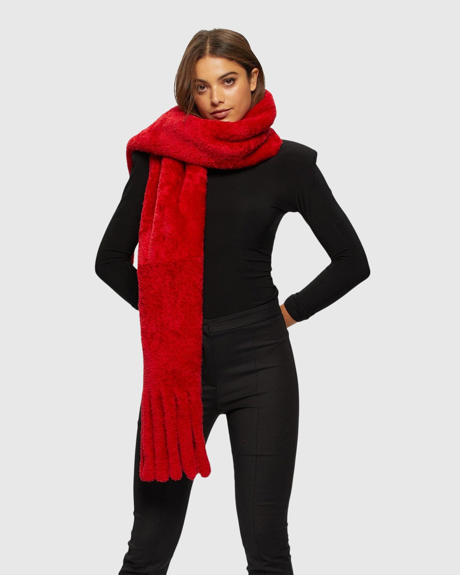 Silky Select Shearling Lamb Stole With Fringes | Red