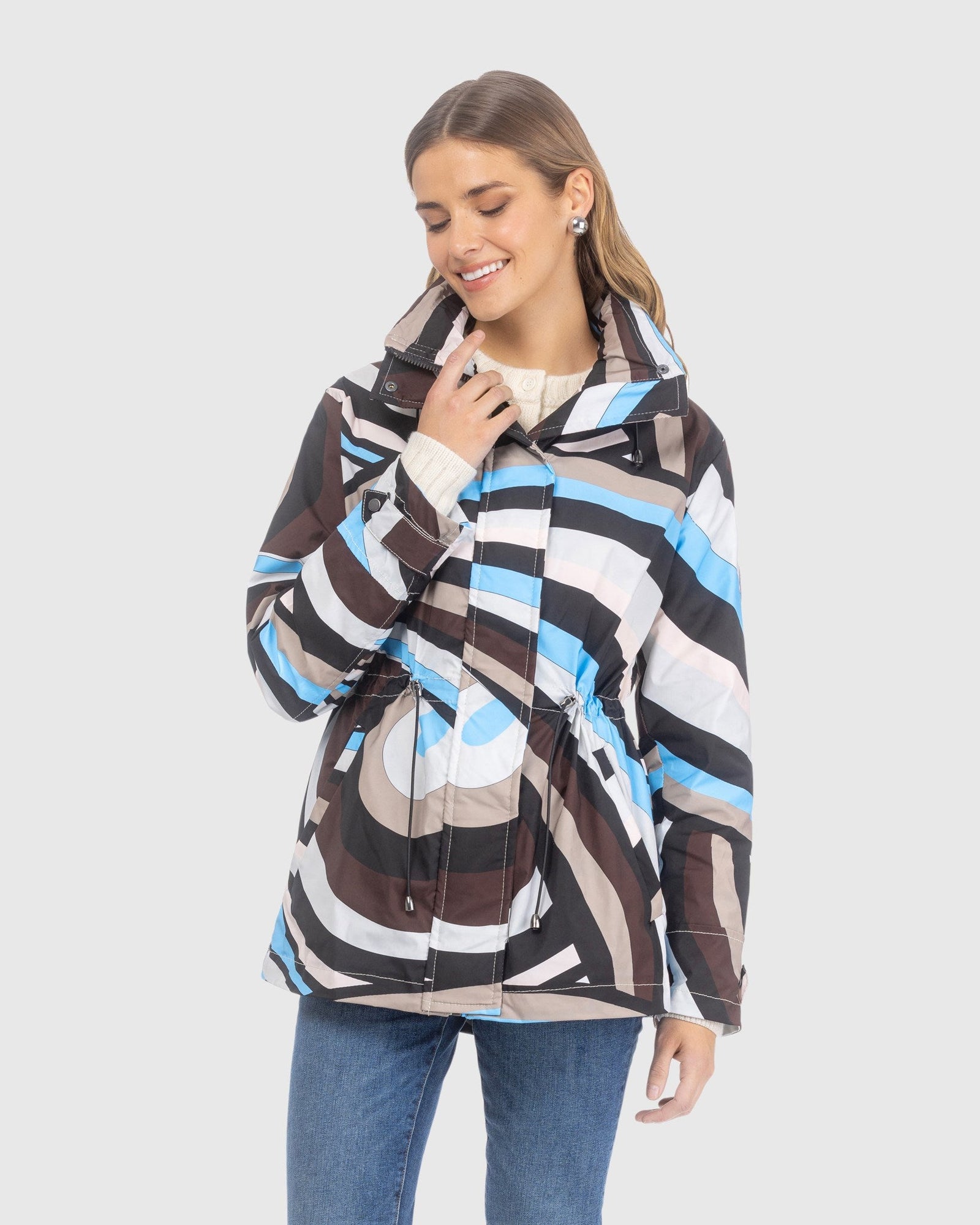 Lightweight Zip Jacket With Concealed Hood | Sky/Brown Swirl